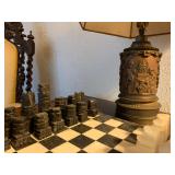 Marble Chess Set, Electrified Oil Lamp in Bronze with Engraved Copper Figures