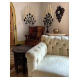 Chesterfield Sofa, Hand Carved Folding Accent Table, Cast Iron Standing Candelabra, PAIR, After Cyri