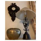 Japanese Meiji Period Bronze Vase, Wrought Iron Base Lamp, American Rocco Carved Wall Clock
