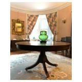 Round Mahogany Pedestal Table, Dhurrie Flat Weave Rug