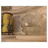 Longwy, France, Bronze Wrapped Vases with Crane, Pair, Antique Glass Basket with Petal