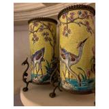 Longwy, France, Bronze Wrapped Vases with Crane, Pair