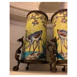 Longwy, France, Bronze Wrapped Vases with Crane, Pair