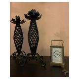 19th C Wrought Iron Candle Holders, Bigelow Kennard Brass Carriage Clock