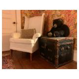 Wingback Armchair, Antique Travel Trunk