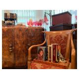 Art Deco Cabinet in Burl Wood with Marble Top, Italian Fruitwood Armchair 