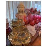 Art Deco Marble Bust of a Young Girl, Signed M. Pedrini, Gilt Enameled Moser Glass Finger Bowls and 