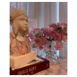 Art Deco Marble Bust of a Young Girl, Signed M. Pedrini, Rose Quartz Bonsai Tree