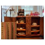 Art Deco Cabinet in Burl Wood with Marble Top, Italian Fruitwood Armchair 