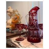 Marble Bust, Gemstone Floral Arrangement, Czech Ruby Cut to Clear Bohemian Stemware with Deer Design