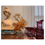 Marble Bust, Gemstone Floral Arrangement, Czech Ruby Cut to Clear Bohemian Stemware with Deer Design
