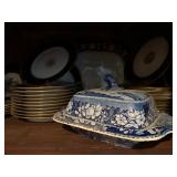 Staffordshire Blue Transferware Sheltered Peasants Covered Dish 