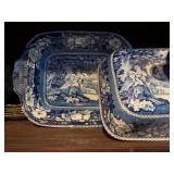 Staffordshire Blue Transferware Sheltered Peasants Covered Dish 