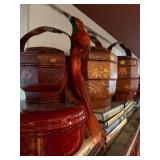 Tiered Chinese Wedding Baskets, Antique Real Feather Bird Decoration 