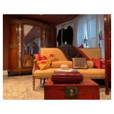 Antique Gilt Bronze and Marble Mirrored Front Armoire, Carved Frame Settee, Lacquered Chinese Chest,