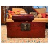 Carved Frame Settee, Lacquered Chinese Chest, Lacquered Chinese Box 