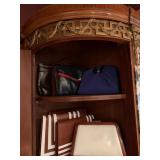 Antique Gilt Bronze and Marble Mirrored Front Armoire, Vintage Purses Featuring Ferragamo  