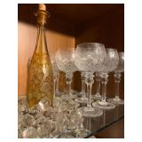 Crystal Stemware, Bohemian Yellow Glass Decanter with Birds, Crystal Grape Clusters