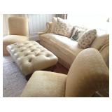 slipper chairs, leather tufted ottoman, chenille settee  
