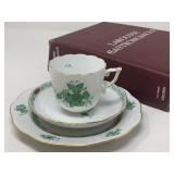 Herend Green Chinese Bouquet Chocolate Cup, Saucer and Plate Set