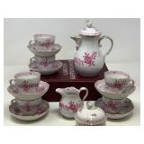 Meissen Porcelain Indian Painting Pink Coffee Tea Set,  Fifteen Piece Set