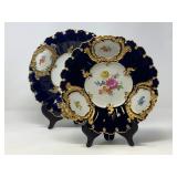 Meissen Porcelain B Form Royal Blue and Gold Scalloped Cabinet Plate Set (2) 