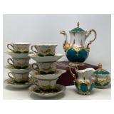 Meissen Porcelain B Form Russian Green and Gold Coffee Tea Set, Fifteen (15) Pieces