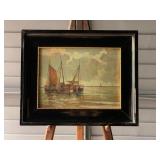 Framed Painting, Three Sailing Vessels At Low Tide, by Hans Harlander (German, 1880-1943), Oil on Pa