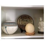Signed Plate. Signed Raku Bowl and an Ostrich Egg