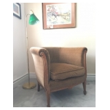 Barrel Back Armchair with Inlay Detail, Sam Savitt Signed Fox Hunting Print, Library Lamp with Green