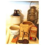 Crocks, Jugs, Lantern, Scale & Misc