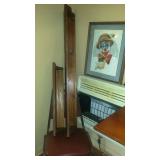 Solid wood shelves, clown print, chair
