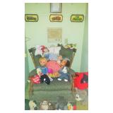 Vintage stuffed toys and dolls & swivel rocker