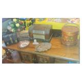 Antique Firkin sugar pail, Philco tube radio, antique books, coffee table 