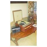 drop leaf coffee table, Emerson phonograph, 5 gallon bottle lamp