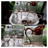 Silverplate Tray $15 - Etched Glasses $7 - Crystal Decanter Pitcher $18