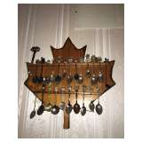 Leaf WOODEN WALL HANGING COLLECTIBLE SOUVENIR SPOON DISPLAY RACK HOLDER and SILVER SPOONS