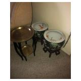 Brass table $210, Vases and stands $45 each