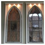 Pair of century old European stenciled glass arched church windows