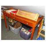 pine computer desk bins of purses, fur, etc.