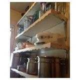 Kitchenwares including vintage Pyrex and water distillation bottles.