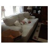 Whte corduroy sofa and loveseat.