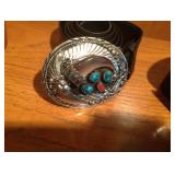 Western belt buckle, real turquoise and coral