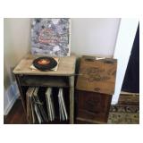 Recod table, records, potato bin