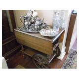Side cart, Oneida silver plated coffee and tea set and pair of candlesticks