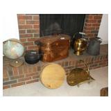 Copper tub, cast iron kettle, skuttle ash bucket, kettle, cheese box