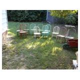 Kids wooden chairs, wooden wheelbarrow and metal plant holders