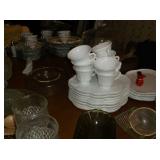 Milk glass luncheon plates and cups