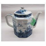 7" BLUE AND WHITE PORCELAIN TEAPOT WITH SHIPSPhoto Description