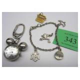 TYPEWRITER CHARM, FROG CHARM, BRACELET AND A KEY CHAIN WATCHPhoto Description